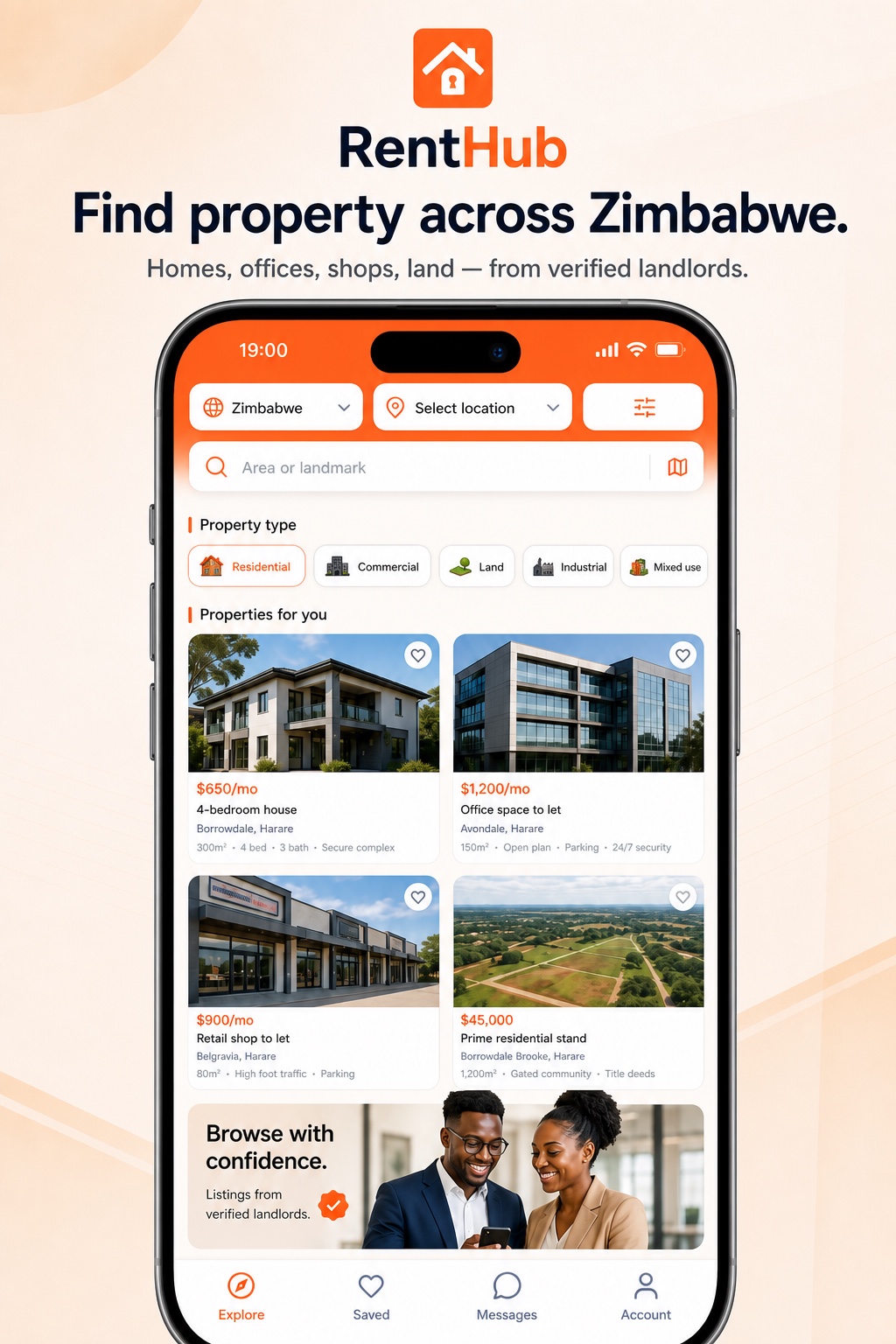 RentHub Explore listings on a phone